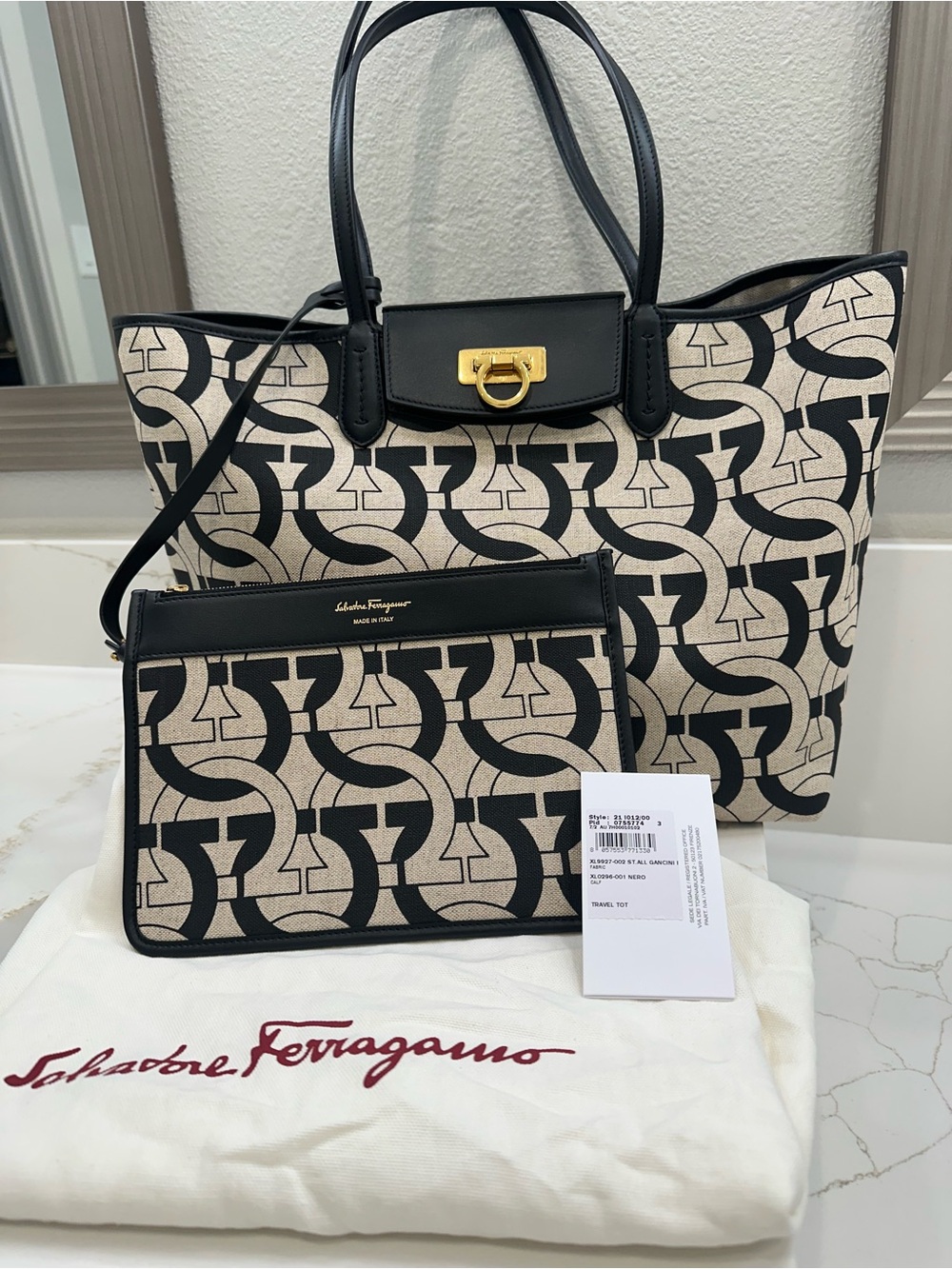 Salvatore Ferragamo Black & Beige Gancini Canvas Tote with Pouch